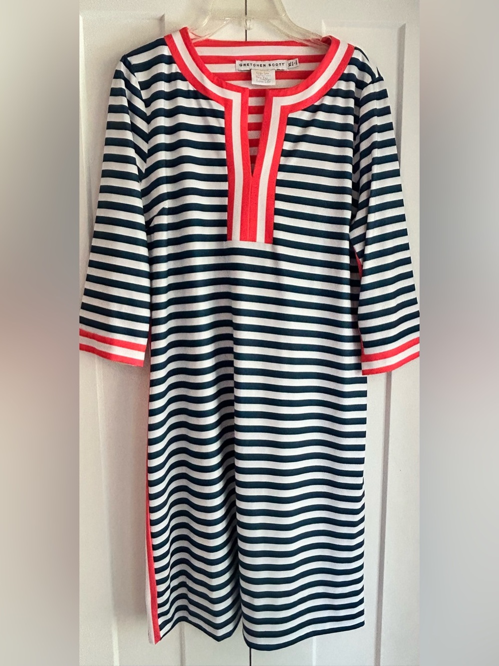 Gretchen Scott Hinckley Navy Striped Jersey Tunic Stretch Dress XL